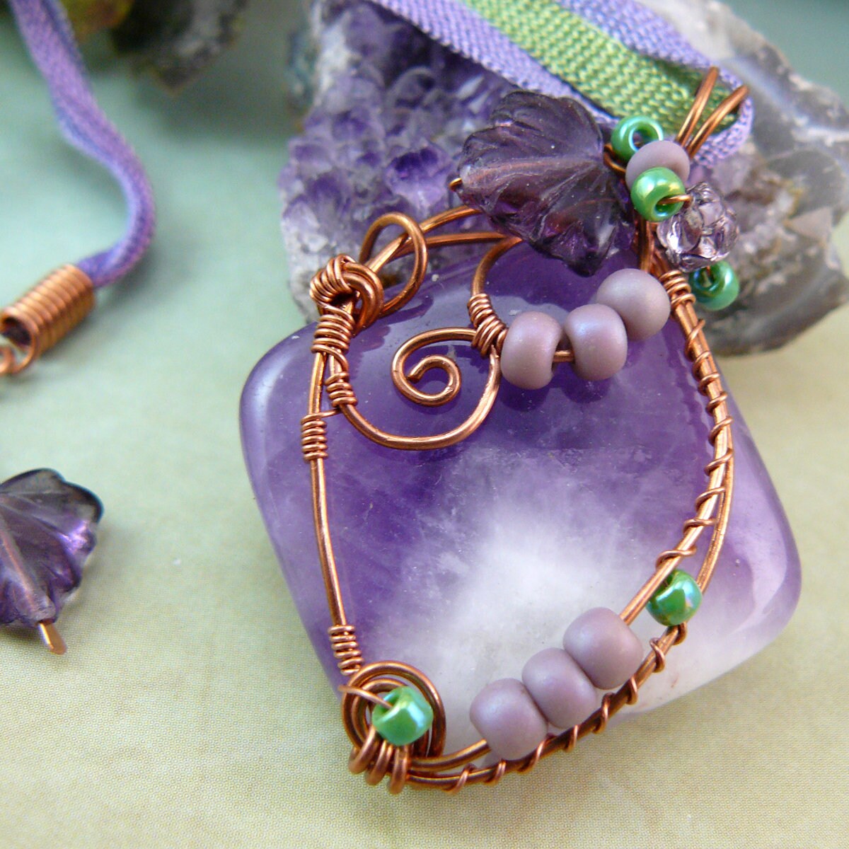 Copper Wire Wrapped Chevron Amethyst Pendant with Czech Glass Leaf Detail