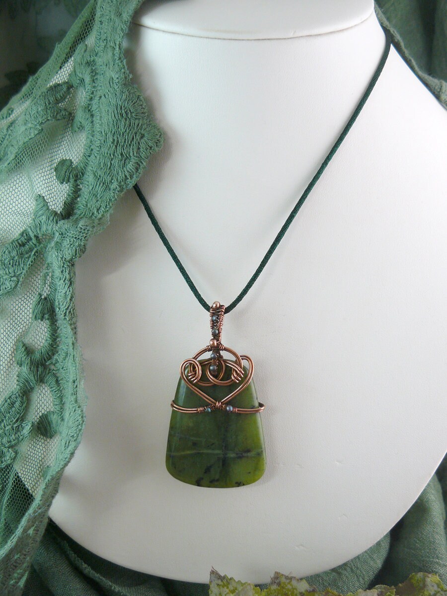 Celtic Knot Copper Wire Wrapped Green Prehnite Pendant