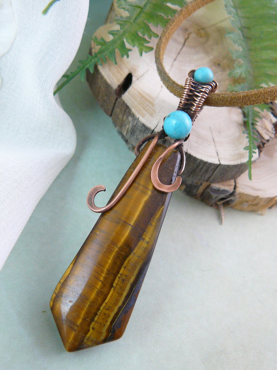 Wire Wrapped Banded Tiger Eye and Copper Wire Pendant on Suede Neck Cord