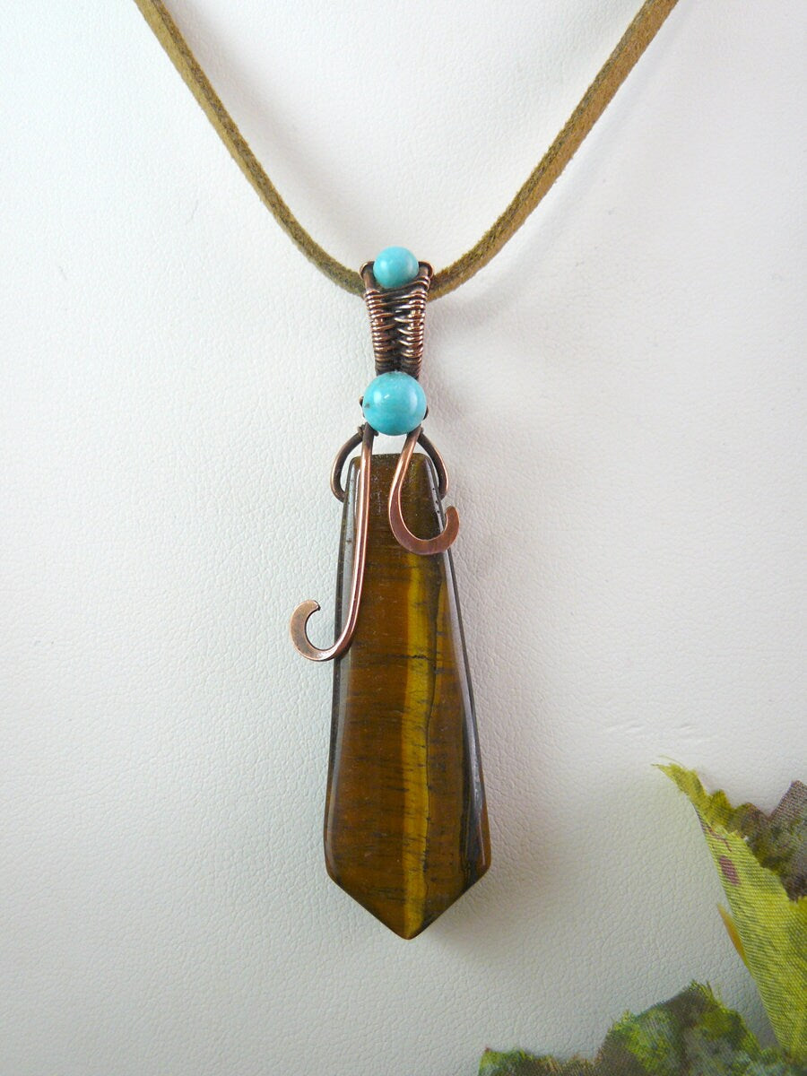 Wire Wrapped Banded Tiger Eye and Copper Wire Pendant on Suede Neck Cord