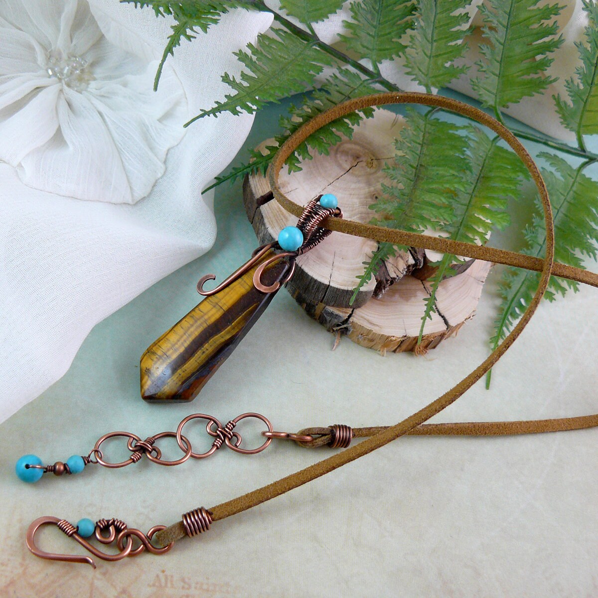 Wire Wrapped Banded Tiger Eye and Copper Wire Pendant on Suede Neck Cord