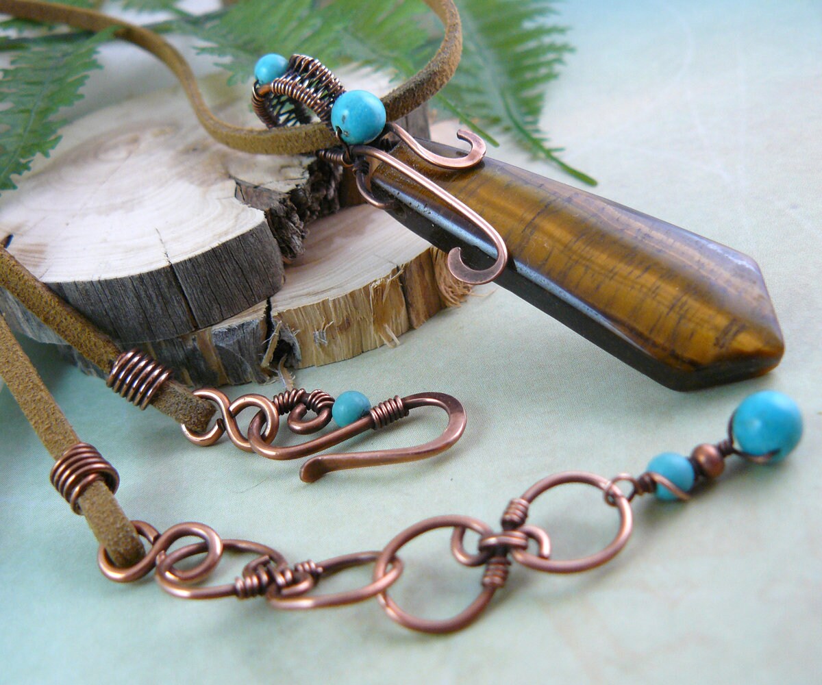 Wire Wrapped Banded Tiger Eye and Copper Wire Pendant on Suede Neck Cord