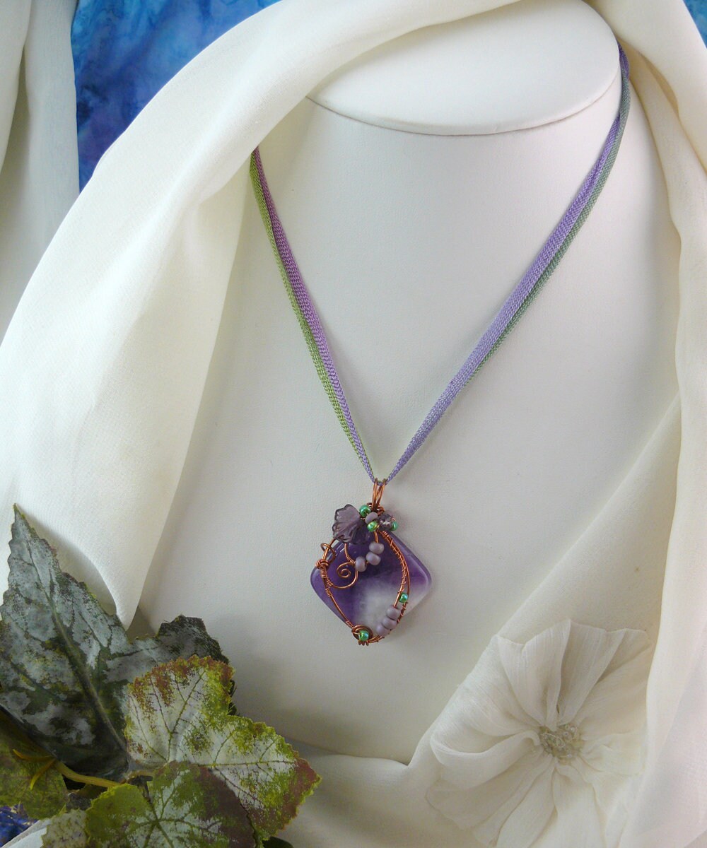 Copper Wire Wrapped Chevron Amethyst Pendant with Czech Glass Leaf Detail