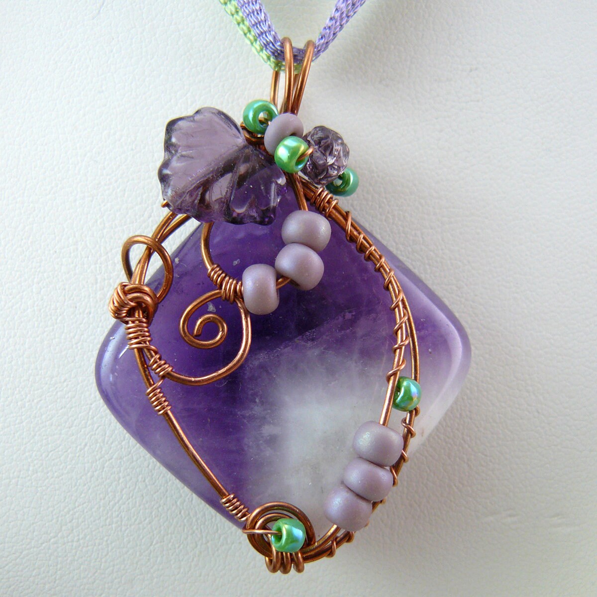 Copper Wire Wrapped Chevron Amethyst Pendant with Czech Glass Leaf Detail