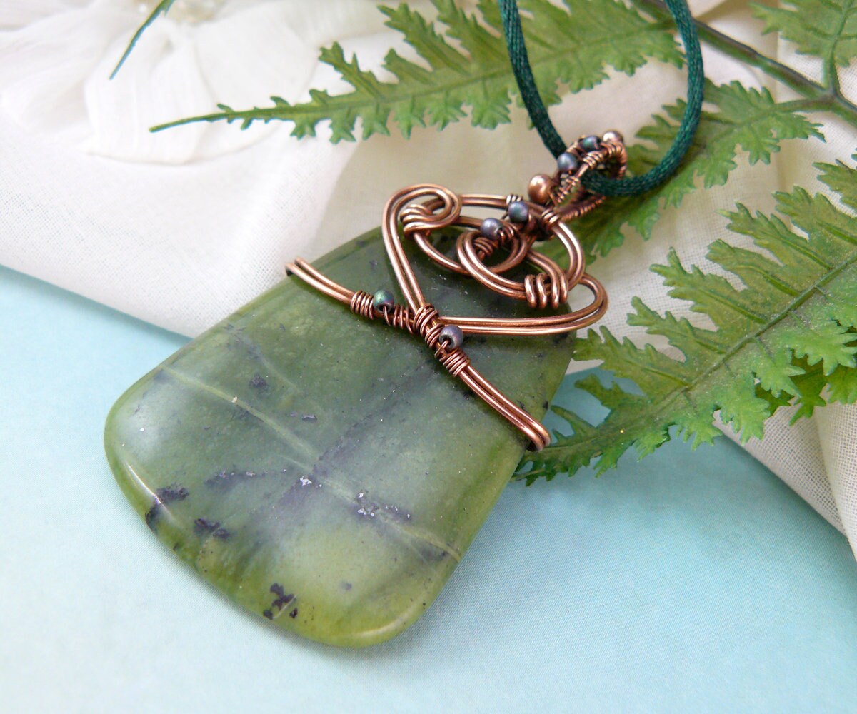 Celtic Knot Copper Wire Wrapped Green Prehnite Pendant