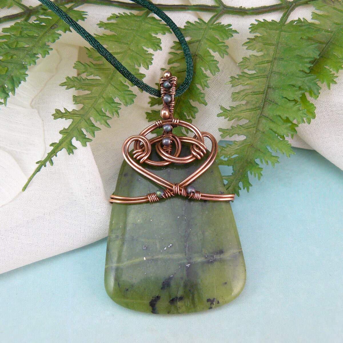 Celtic Knot Copper Wire Wrapped Green Prehnite Pendant