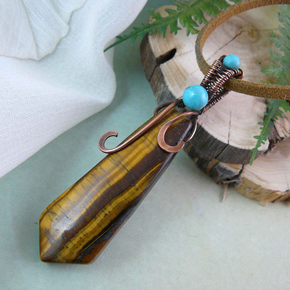 Wire Wrapped Banded Tiger Eye and Copper Wire Pendant on Suede Neck Cord