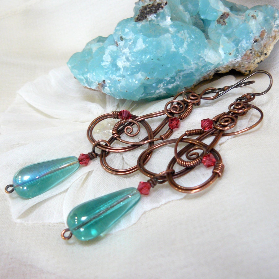 Copper Celtic Triquetra Knot Chandelier Earrings with Indian Pink Swarovski Crystals and Aqua Glass Teardrops