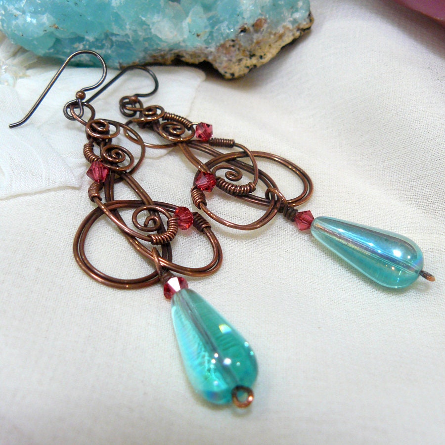 Copper Celtic Triquetra Knot Chandelier Earrings with Indian Pink Swarovski Crystals and Aqua Glass Teardrops