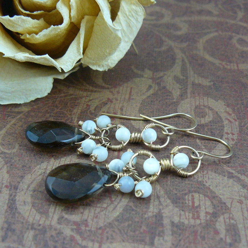 Smoky Quartz and Mother of Pearl Teardrop Briolette Drop Dangle Earrings