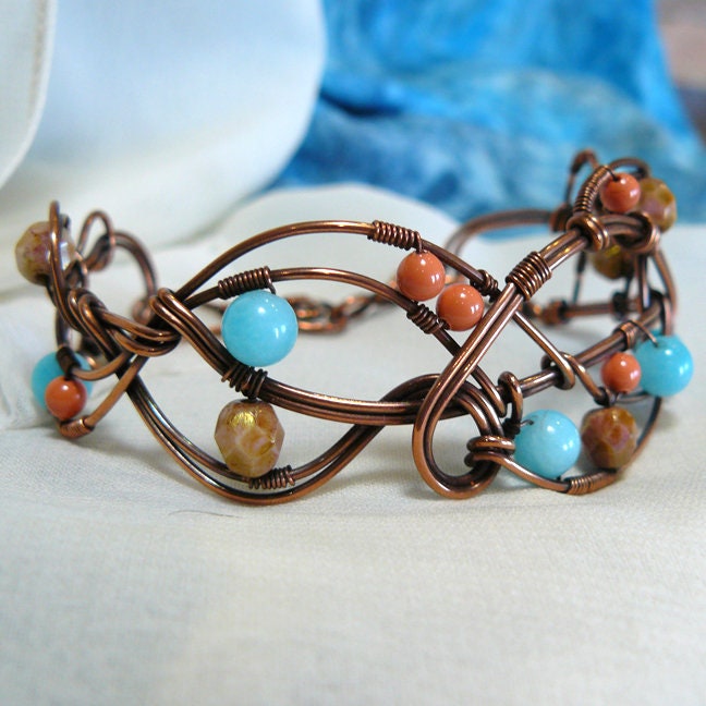 Whimsical Freestyle Copper and Bead Wire Wrap Cuff Bracelet