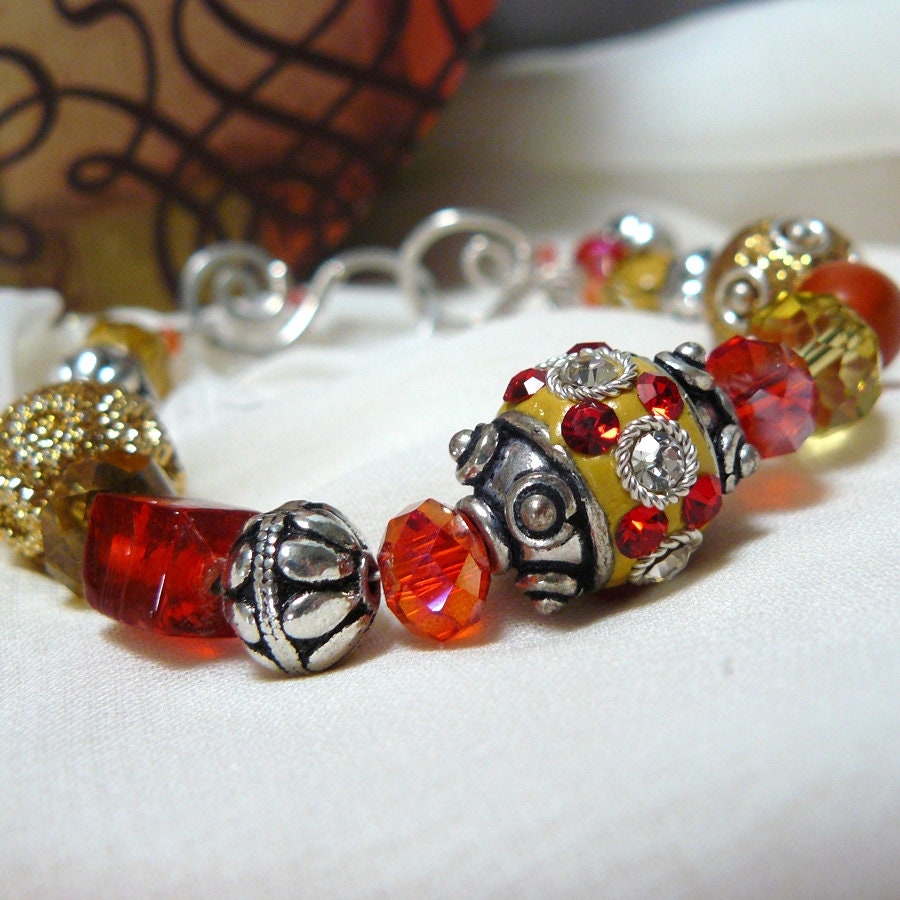 Rays of Sunshine Orange and Yellow Bali Bead Bling Bracelet