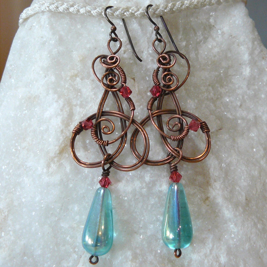 Copper Celtic Triquetra Knot Chandelier Earrings with Indian Pink Swarovski Crystals and Aqua Glass Teardrops