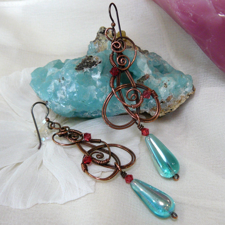 Copper Celtic Triquetra Knot Chandelier Earrings with Indian Pink Swarovski Crystals and Aqua Glass Teardrops