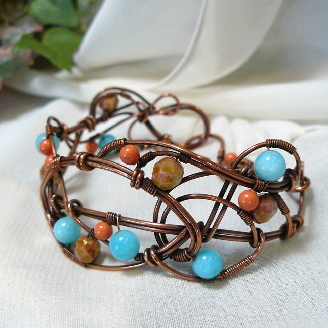 Whimsical Freestyle Copper and Bead Wire Wrap Cuff Bracelet