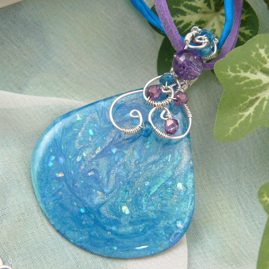 Shimmering Blue Galaxy Resin Painting Wire Wrapped Pendant