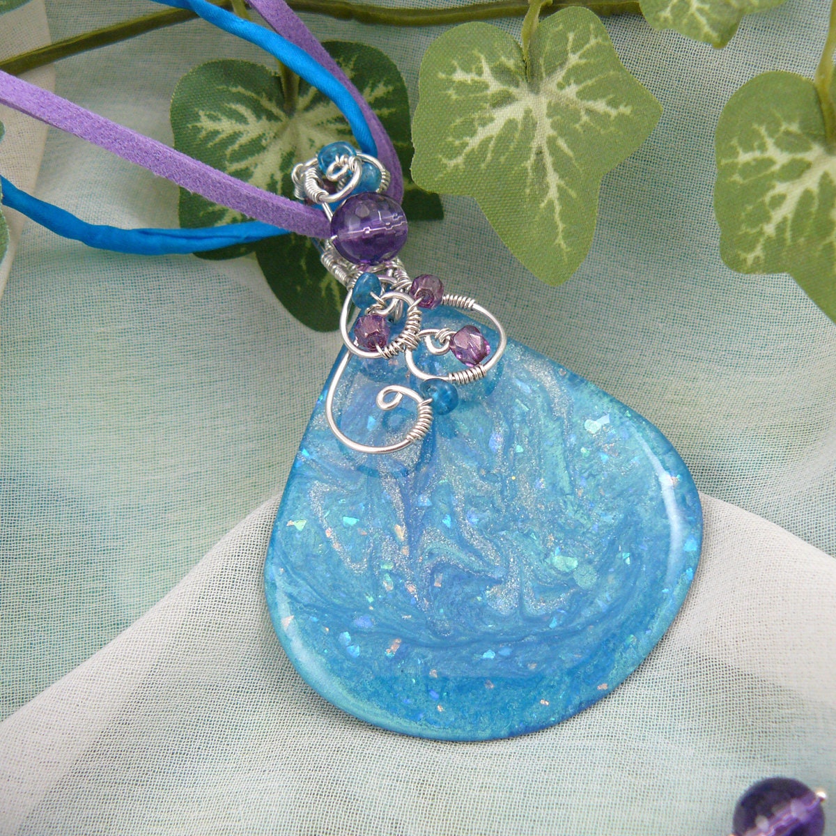 Shimmering Blue Galaxy Resin Painting Wire Wrapped Pendant