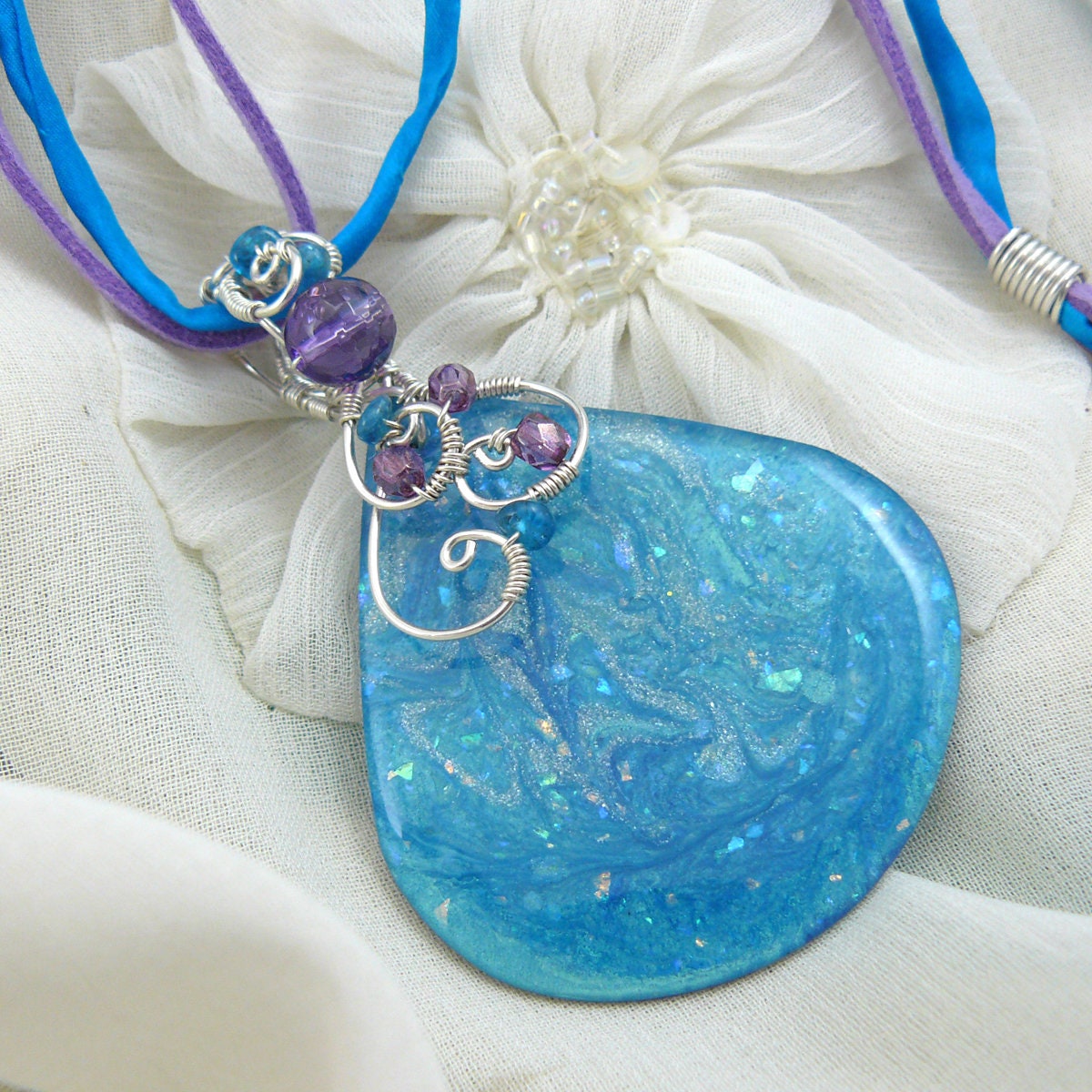 Shimmering Blue Galaxy Resin Painting Wire Wrapped Pendant