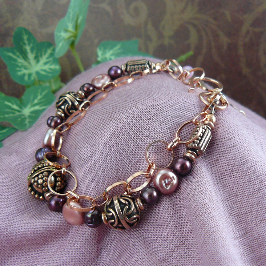 Copper Bead and Freshwater Pearl Leaf Charm Bracelet in Shades of Pink and Brown