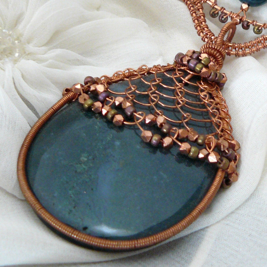 Moss Agate Statement Necklace ~ Copper Wire Wrapped Renaissance Festoon Necklace