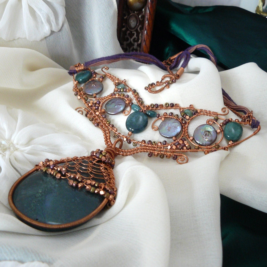 Moss Agate Statement Necklace ~ Copper Wire Wrapped Renaissance Festoon Necklace