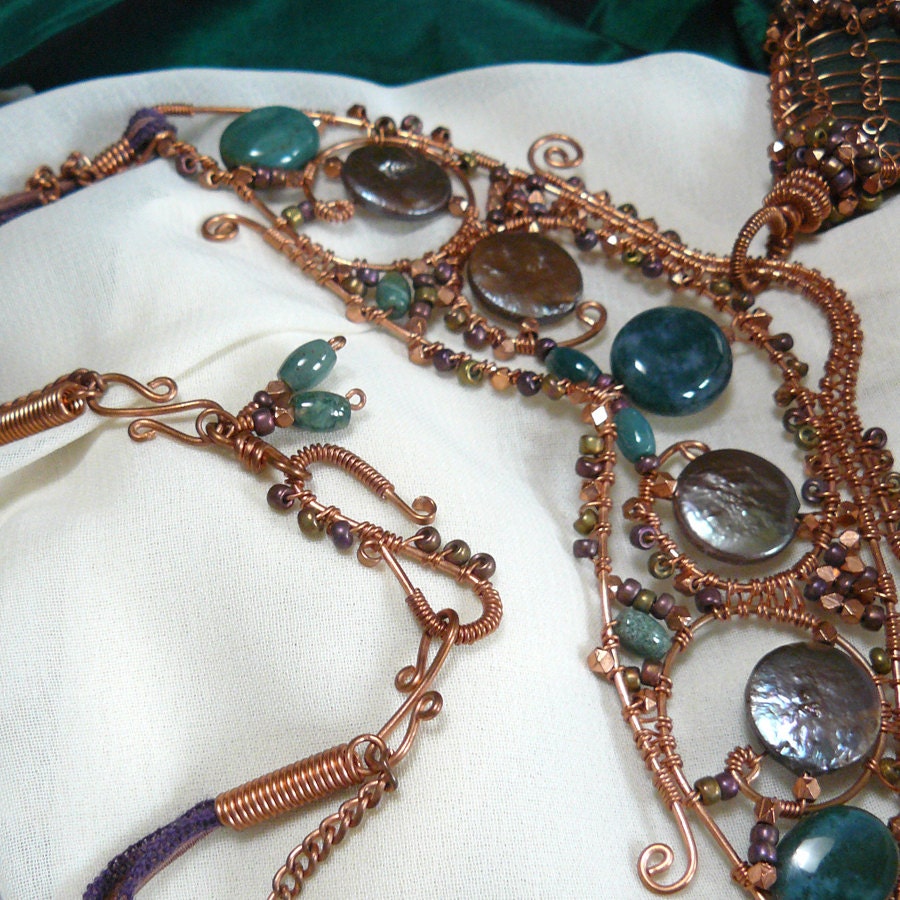 Moss Agate Statement Necklace ~ Copper Wire Wrapped Renaissance Festoon Necklace