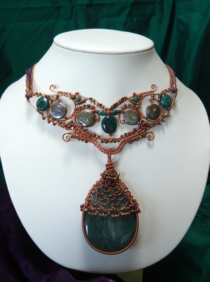 Moss Agate Statement Necklace ~ Copper Wire Wrapped Renaissance Festoon Necklace