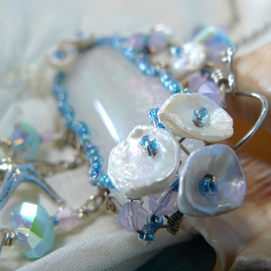 Beach Breeze ~ Ocean Themed White Rainbow Dichroic Glass, Silver Starfish, and Keshi Pearl Wire Wrapped Necklace