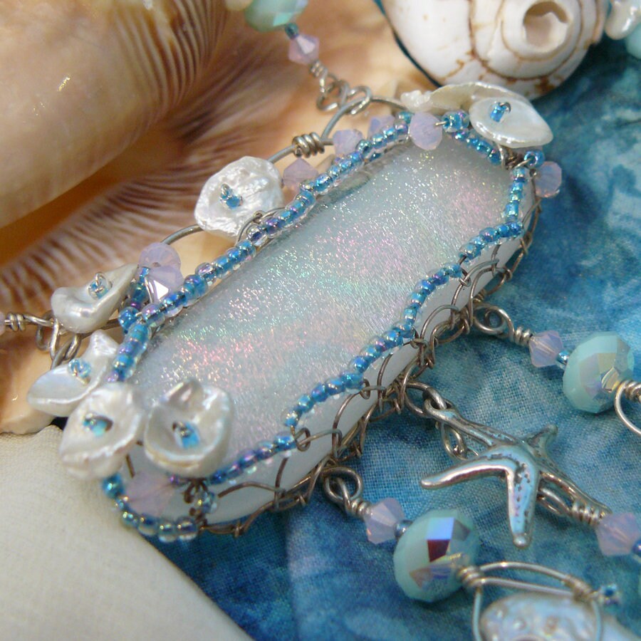 Beach Breeze ~ Ocean Themed White Rainbow Dichroic Glass, Silver Starfish, and Keshi Pearl Wire Wrapped Necklace