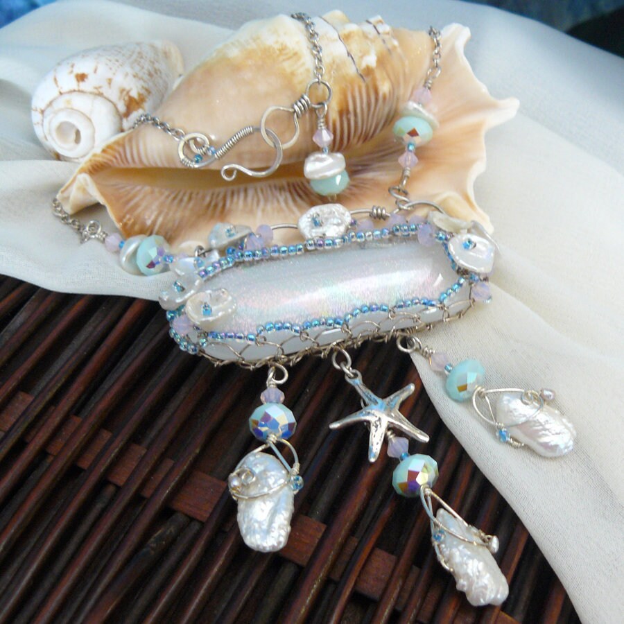 Beach Breeze ~ Ocean Themed White Rainbow Dichroic Glass, Silver Starfish, and Keshi Pearl Wire Wrapped Necklace