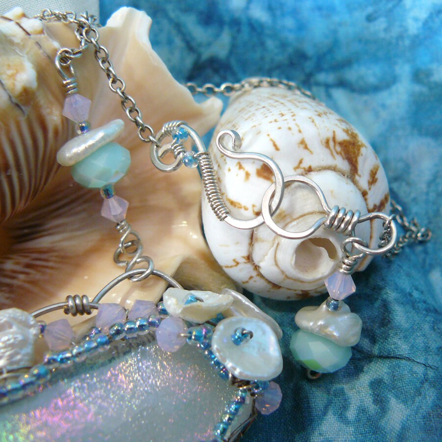 Beach Breeze ~ Ocean Themed White Rainbow Dichroic Glass, Silver Starfish, and Keshi Pearl Wire Wrapped Necklace