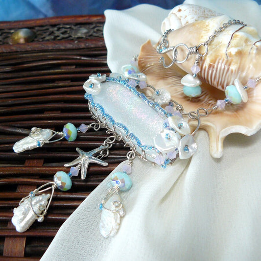 Beach Breeze ~ Ocean Themed White Rainbow Dichroic Glass, Silver Starfish, and Keshi Pearl Wire Wrapped Necklace