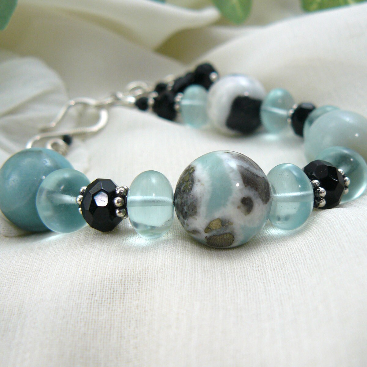 Aqua Blue and Black Amazonite and Black Onyx Beaded Bracelet