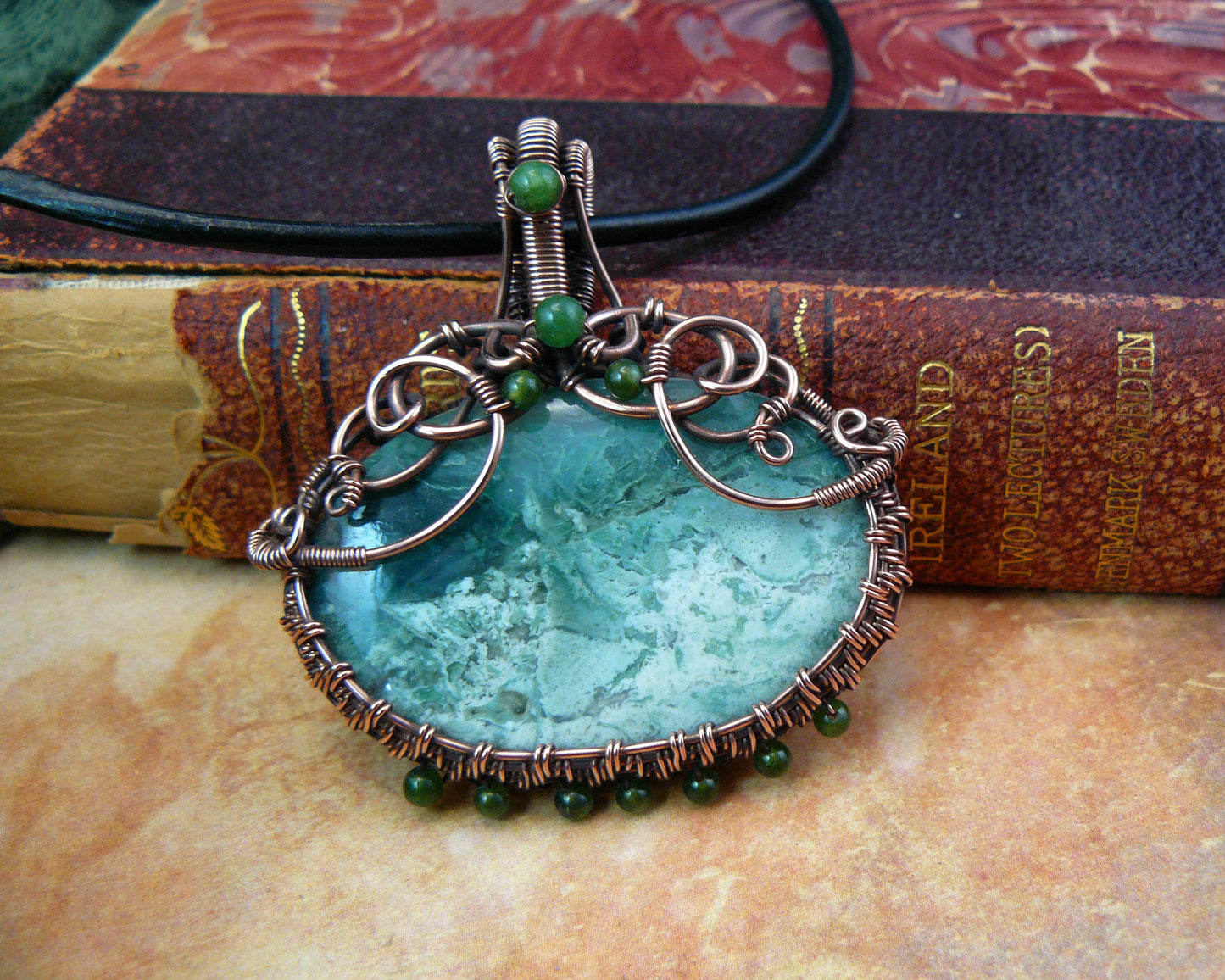 Copper and Green Mtorolite Ocean Wave Landscape Wire Wrapped Pendant