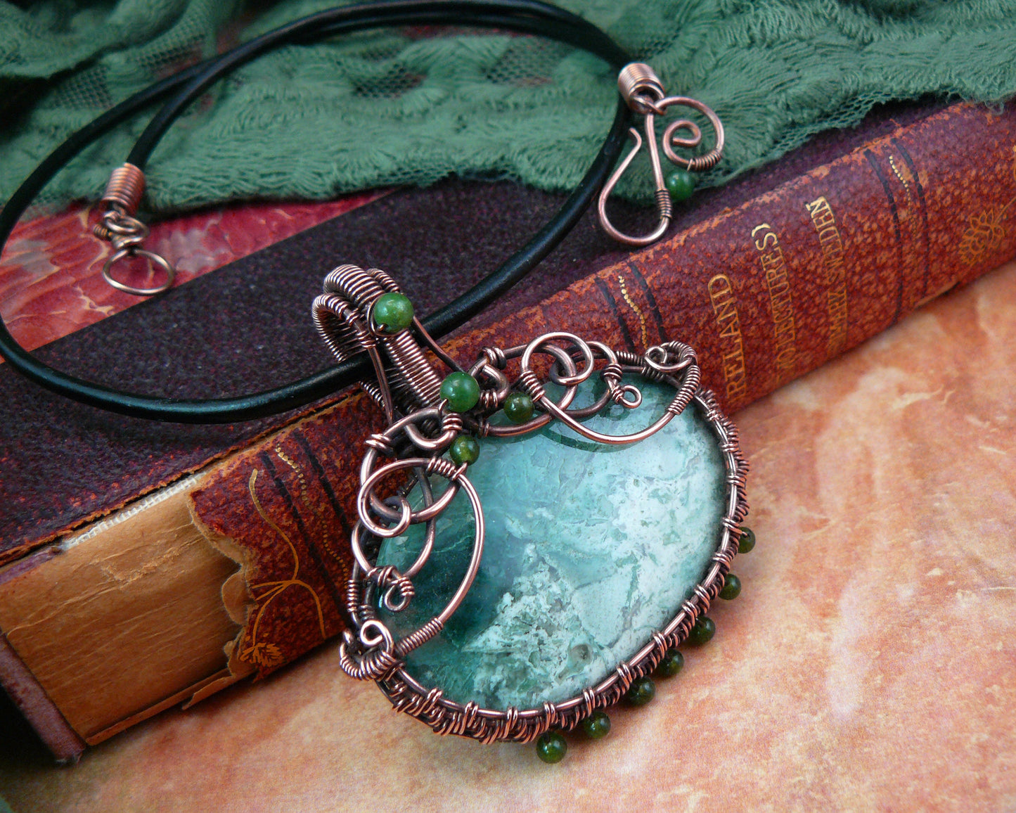 Copper and Green Mtorolite Ocean Wave Landscape Wire Wrapped Pendant