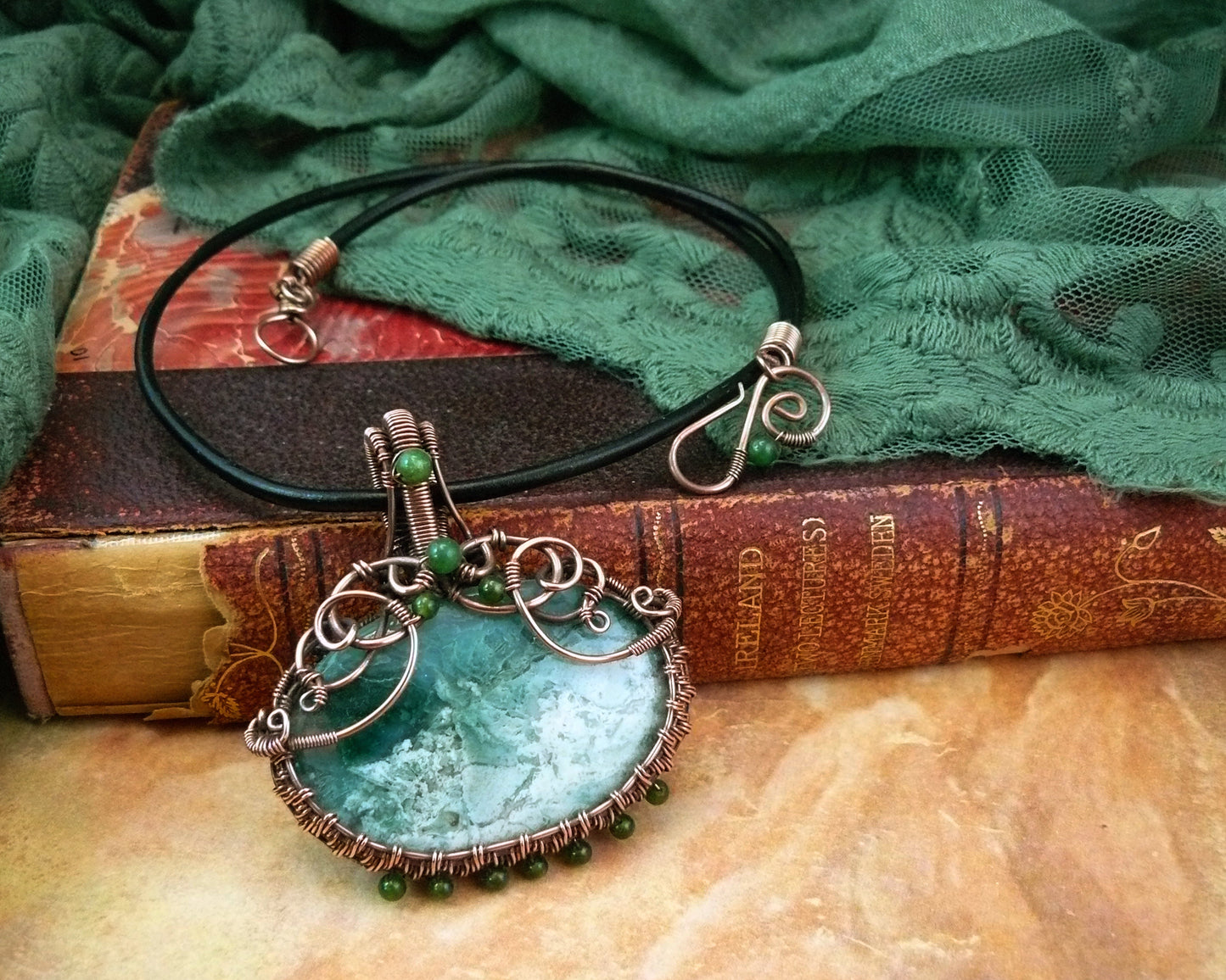 Copper and Green Mtorolite Ocean Wave Landscape Wire Wrapped Pendant