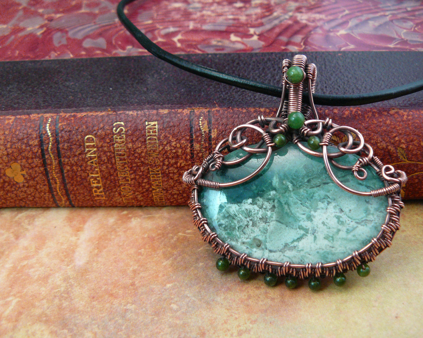 Copper and Green Mtorolite Ocean Wave Landscape Wire Wrapped Pendant