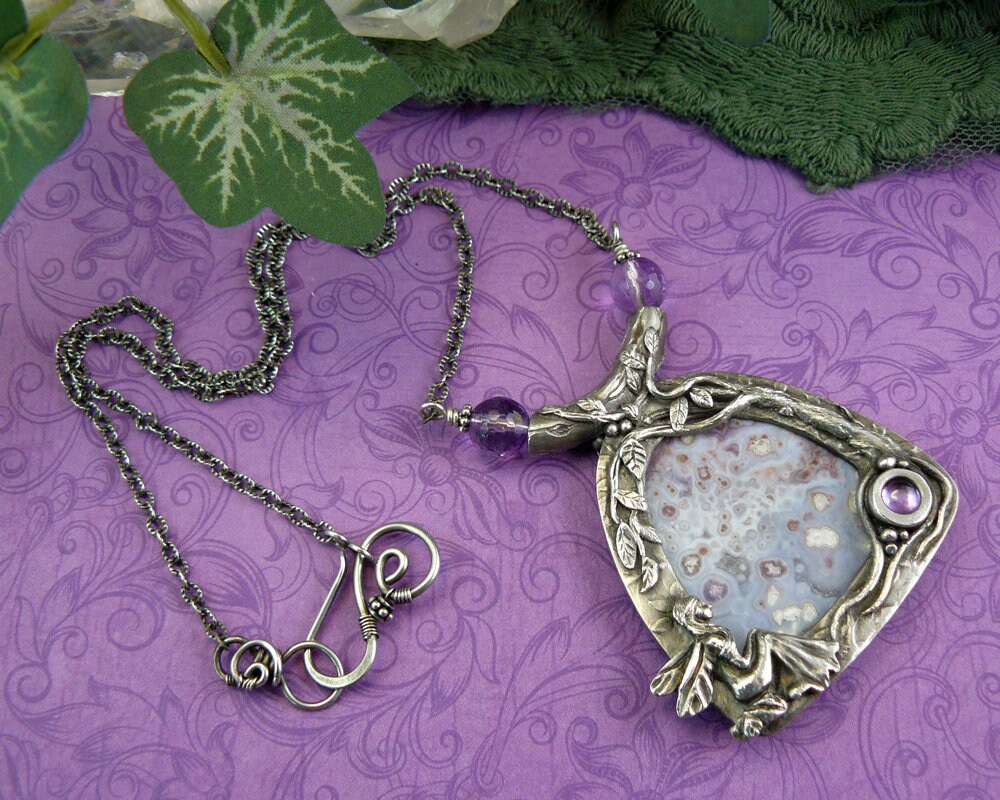 Luna Agate Fantasy Pendant with Fine Silver Precious Metal Clay and Amethyst CZ