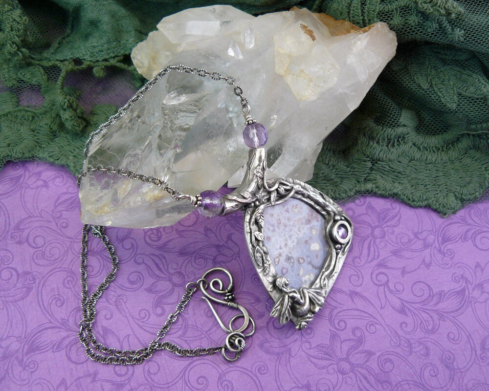 Fairy Moon Dreamer ~ Luna Agate and Amethyst CZ Fine Silver Fantasy Landscape Statement Necklace