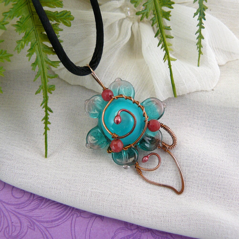 Teal and Turquoise Wire Wrapped Whimsical Lampwork Glass Flower Pendant