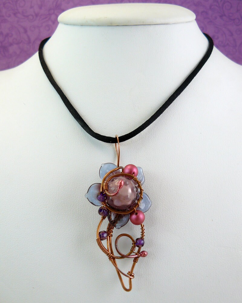 Pink and Lavender Lampwork Glass Flower Pendant Wire Wrapped in Copper Wire