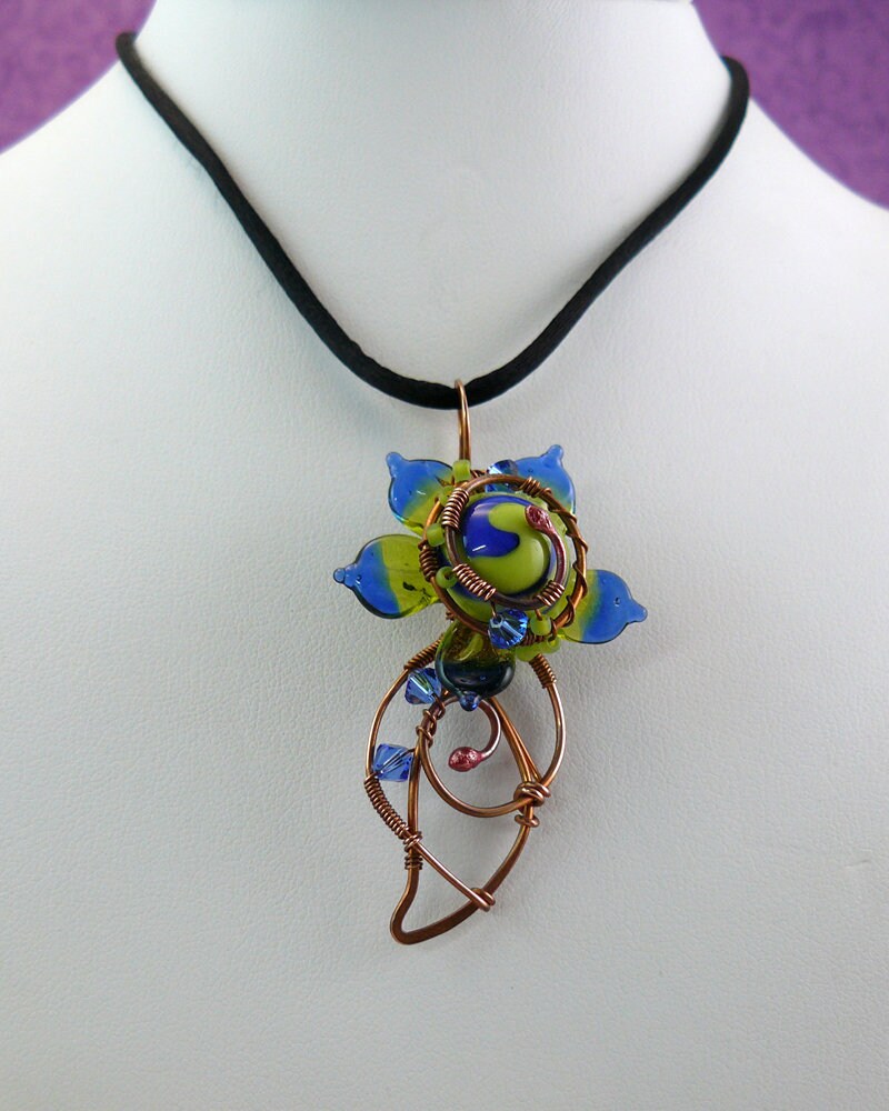 Cobalt Blue and Lime Green Whimsical Wire Wrapped Lampwork Glass Flower Pendant