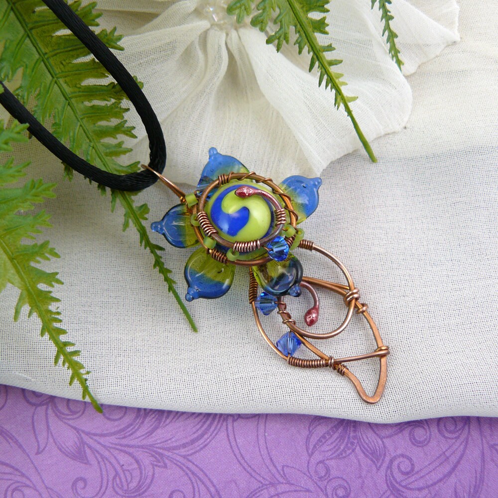 Cobalt Blue and Lime Green Whimsical Wire Wrapped Lampwork Glass Flower Pendant