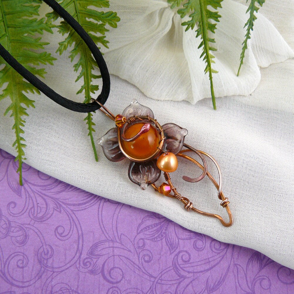 Orange Crystal Copper and Smoky Purple Whimsical Wire Wrapped Lampwork Glass Flower Pendant