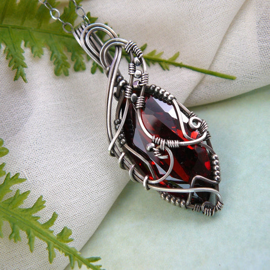 Victorian Style Wire Wrapped Siam Red Swarovski Crystal Marquise Pendant in Sterling Silver