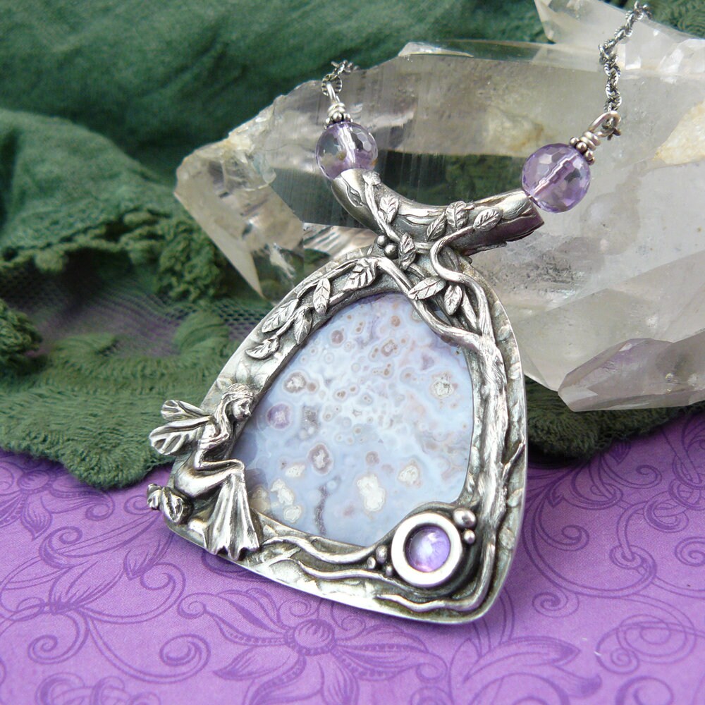 Fairy Moon Dreamer ~ Luna Agate and Amethyst CZ Fine Silver Fantasy Landscape Statement Necklace