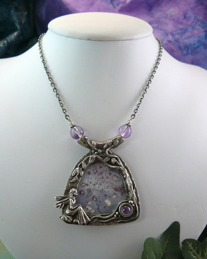 Fairy Moon Dreamer ~ Luna Agate and Amethyst CZ Fine Silver Fantasy Landscape Statement Necklace