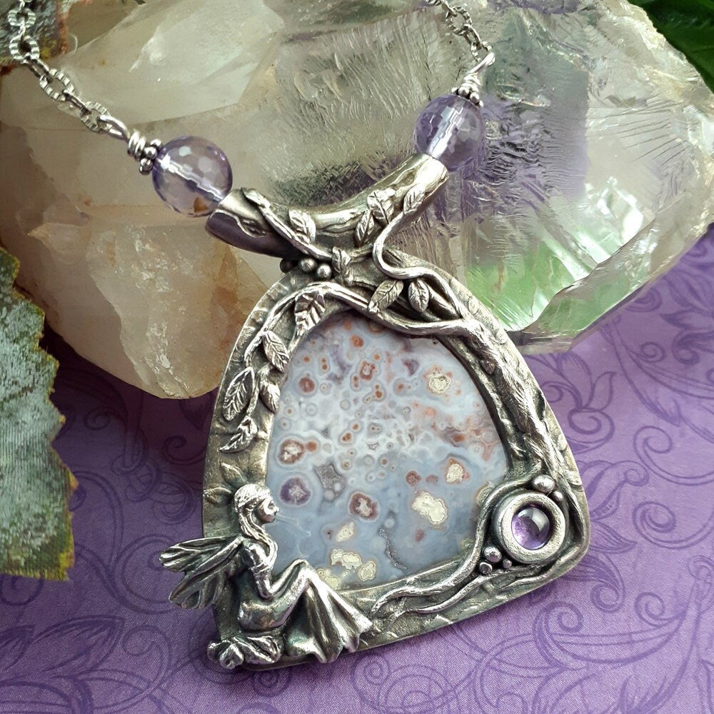 Fairy Moon Dreamer ~ Luna Agate and Amethyst CZ Fine Silver Fantasy Landscape Statement Necklace