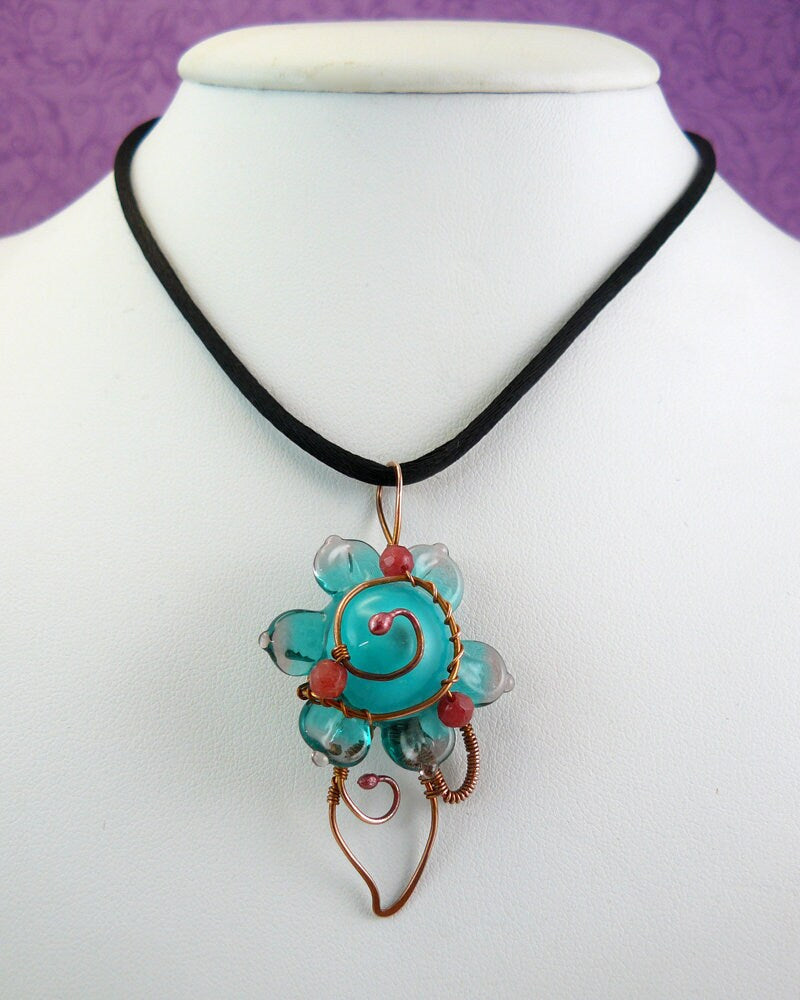 Teal and Turquoise Wire Wrapped Whimsical Lampwork Glass Flower Pendant