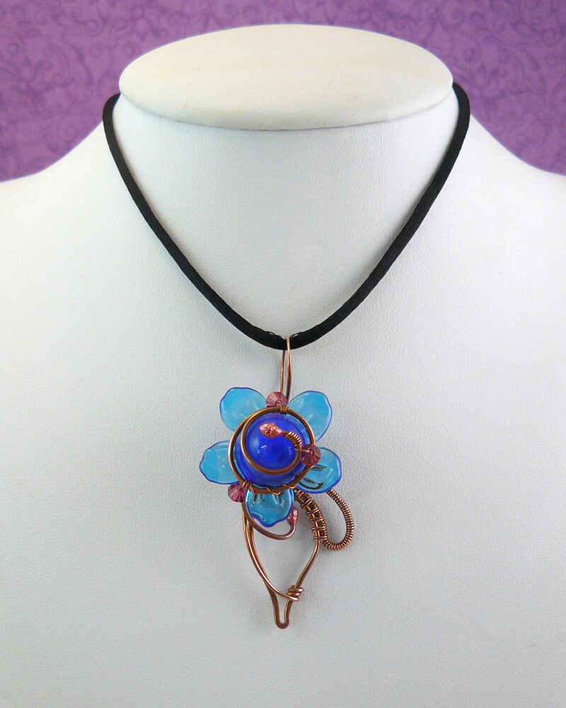 Cobalt and Deep Aqua Blue Whimsical Wire Wrapped Lampwork Glass Flower Pendant